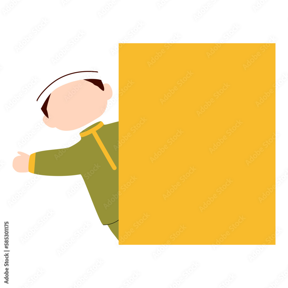 Muslim boy greeting with holding announcement board Muslim boy greeting with holding announcement board
