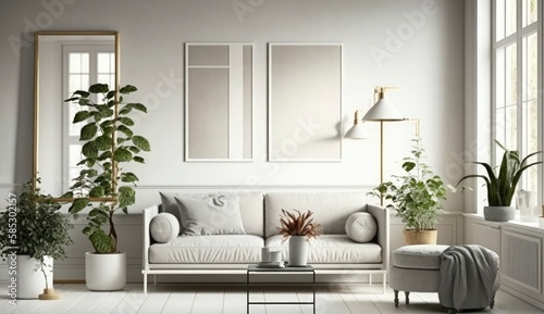 Mockup poster frame on the wall of living room. Luxurious apartment background with contemporary design. Modern interior design. 3D render  3D illustration  Generate Ai