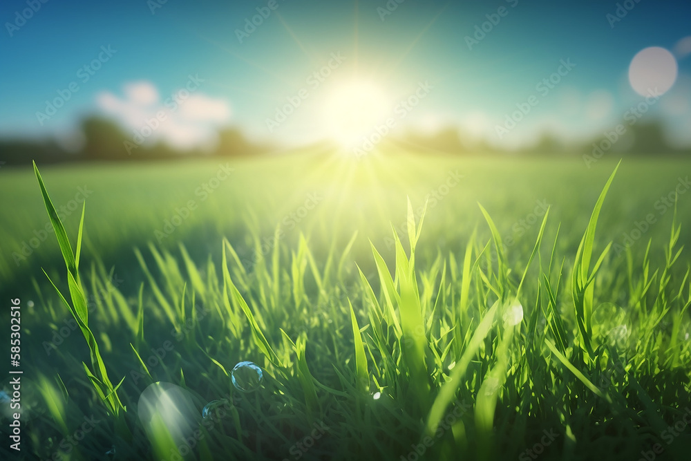 Beautiful panoramic natural landscape of a green field with grass against a blue sky with sun Spring summer blurred background with Generative AI technology