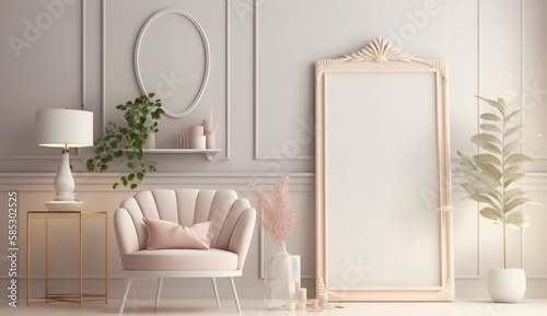 Mockup poster frame on the wall of living room. Luxurious apartment background with contemporary design. Modern interior design. 3D render, 3D illustration, Generate Ai