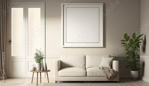 Mockup poster frame on the wall of living room. Luxurious apartment background with contemporary design. Modern interior design. 3D render, 3D illustration, Generate Ai © MstAsma