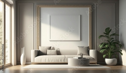 Fototapeta Naklejka Na Ścianę i Meble -  Mockup poster frame on the wall of living room. Luxurious apartment background with contemporary design. Modern interior design. 3D render, 3D illustration, Generate Ai