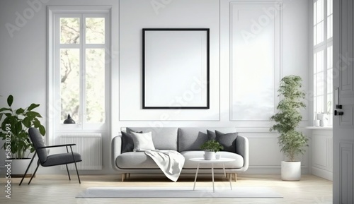 Mockup poster frame on the wall of living room. Luxurious apartment background with contemporary design. Modern interior design. 3D render  3D illustration  Generate Ai