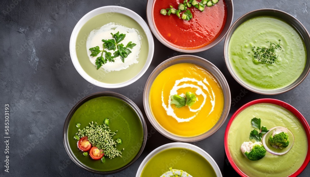 Colored vegetable soup cream. Dietary vegan food. On a black background. Top view. Generative AI Colored vegetable soup cream. Dietary vegan food. On a black background. Top view. Generative AI
