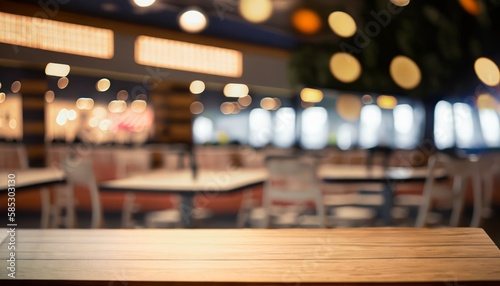 table with defocused bokeh coffee shop background. Generative AI