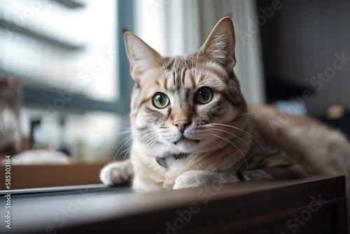 Cute Cat Sitting in House. Closeup with Blurred Background © Thares2020