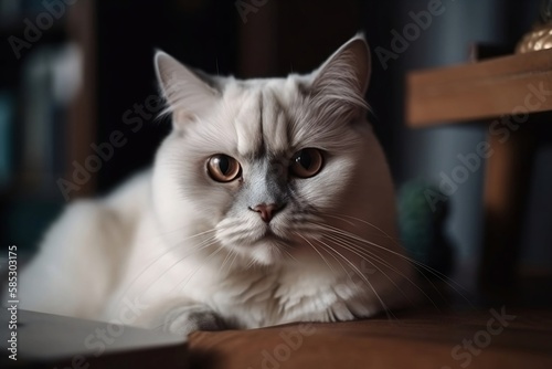 Cute Cat Sitting in House. Closeup with Blurred Background
