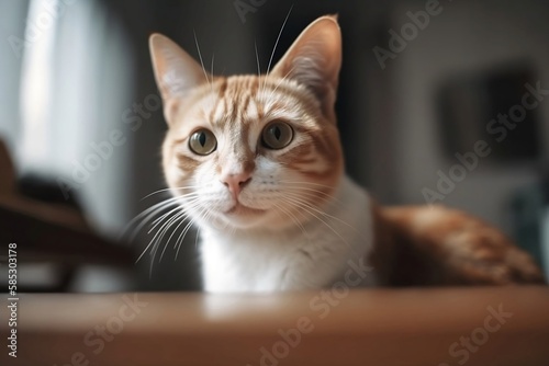 Cute Cat Sitting in House. Closeup with Blurred Background