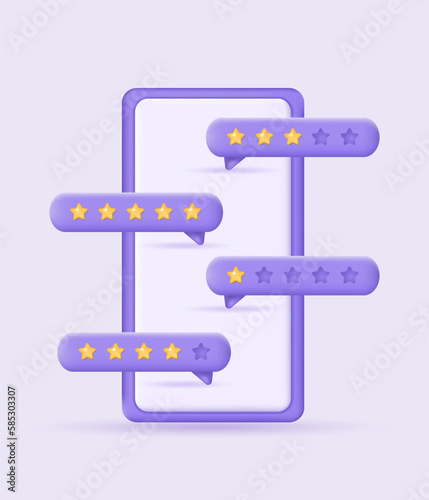 3d customer review concept. Smartphone with feedback from clients. Low and high stars rating in comments. Realistic vector illustration for website or mobile applications.
