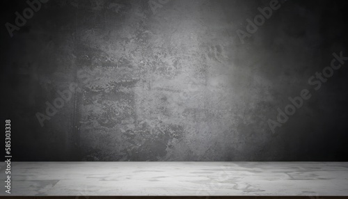 Empty Gray Wall Room interiors Studio Concrete Backdrop and Floor cement Shelf, well editing montage display products dark Background. Generative AI
