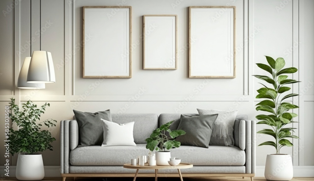Mockup poster frame on the wall of living room. Luxurious apartment background with contemporary design. Modern interior design. 3D render, 3D illustration, Generate Ai Mockup poster frame on the wall of living room. Luxurious apartment background with contemporary design. Modern interior design. 3D render, 3D illustration, Generate Ai