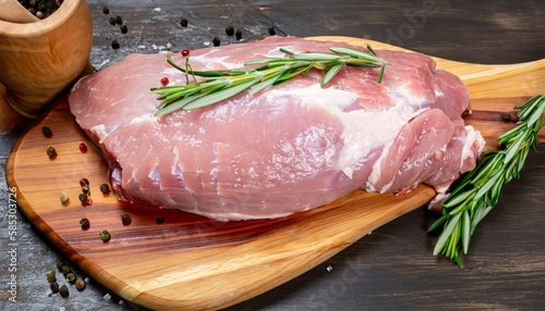 raw pork loin on a chopping board next to fresh ingredients on a dark background. top view. Generative AI