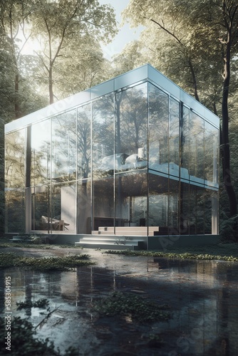 Glass House in the middle of the forest Generative AI