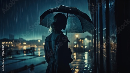 Silhouette of a Mysterious Woman with an umbrella in a rainy night. Generative AI. photo