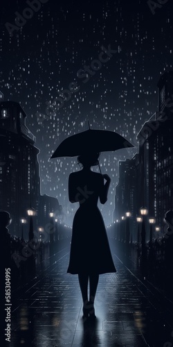 Silhouette of a Mysterious Woman with an umbrella in a rainy night. Generative AI.