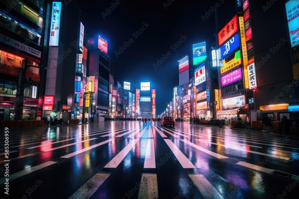 Neon night city Shibuya crossing in Tokyo, generative AI - obrazy, fototapety, plakaty 