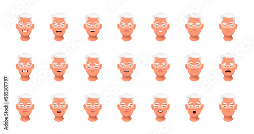 Set of different emotions of an old white man in glasses. Facial expression of a handsome elderly man with gray hair. Smile, happiness, anger, disappointment, sadness, surprise, fear.