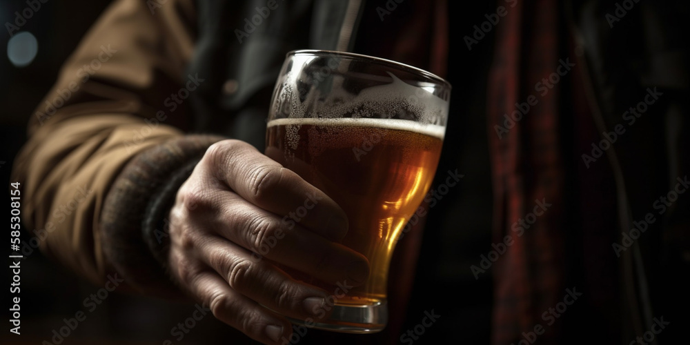 man holding glass of beer, close up Generative AI man holding glass of beer, close up Generative AI