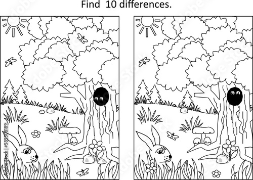 Difference game. Summer, spring or autumn outdoor scene with oak tree, hollow, hare, mushrooms. Black and white, printable.

