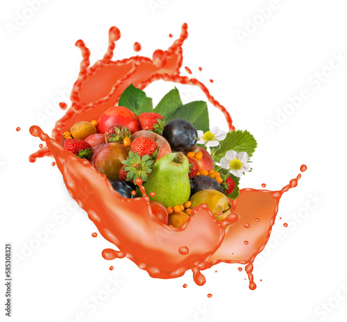  group of fruits surrounded by a splash of fruit juice photo