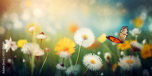 abstract spring background or summer background. dandelion, daisy, tulip, butterfly Generative AI