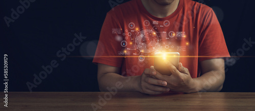 Man using mobile devices communication network service on mobile apps.Technology application learning world wide on phone,Big data connection,Digital marketing business goal strategy and plan.