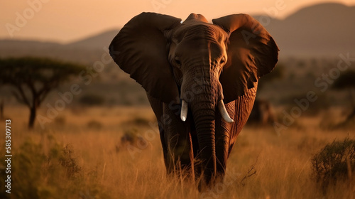 elephant strolling through the serengeti, sunset and rain in background