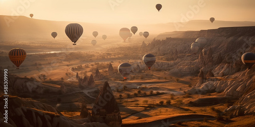 many hot air balloon in sunset. Cappadocia Generative AI