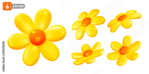 Set of daisy with yellow petals and orange centre. Volumetric chamomile flowers, view from different angles. Isolated on white background. Vector 3d realistic illustration