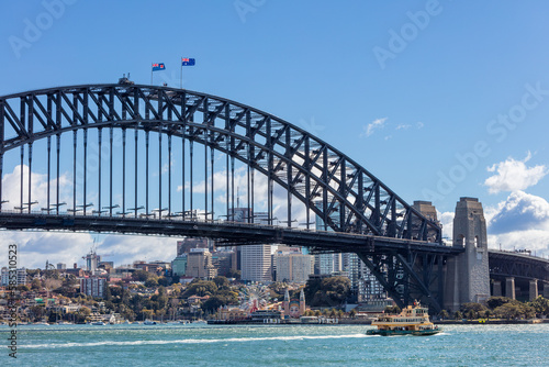 View of the famous Sydney Harbour Bridge with a Sydney ferry in NSW Australia