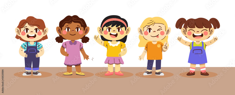 Happy kids, girls character illustration.