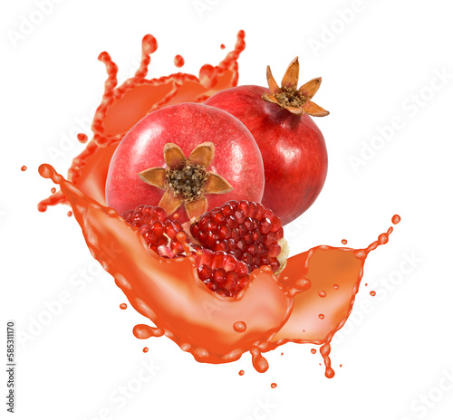 group of pomegranates surrounded by splashes of fruit juice photo