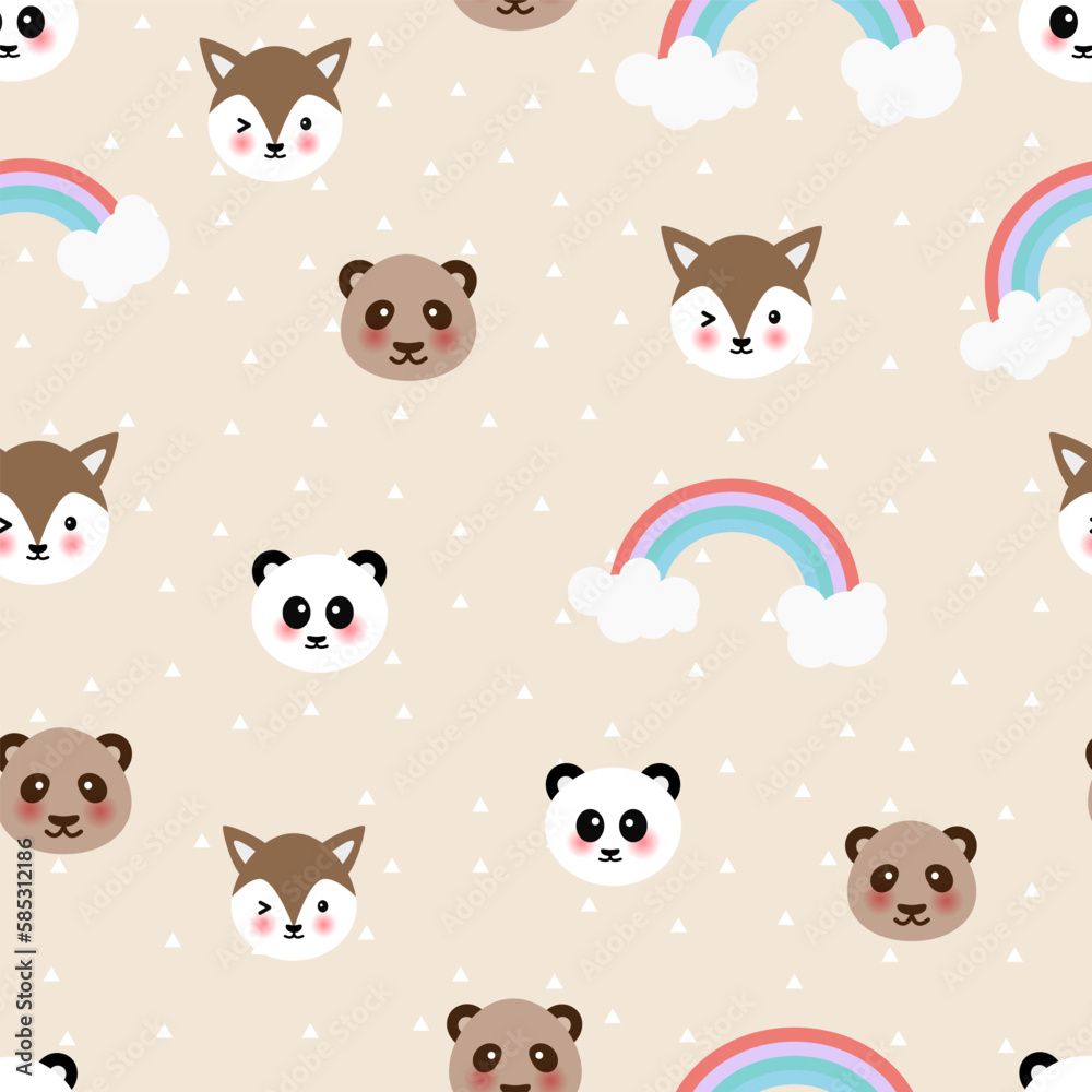 Seamless pattern with cute sleeping pandas on rainbows, moon, clouds. Creative good night background. Perfect for kids apparel,fabric, textile, nursery decoration,wrapping paper.Vector Illustration