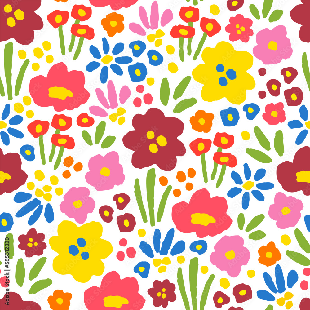 Simple seamless floral vector pattern. Bright multi-colored wildflowers, grass on a white background. For fabric prints, textiles. Spring-summer collection.