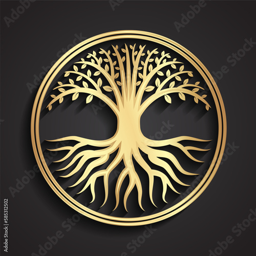 3d golden elegant tree with roots in circle stylized sign