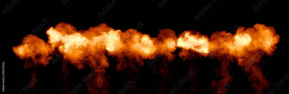 Series of powerful bangs with flames, isolated - object 3D rendering
