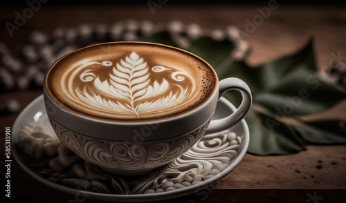  a cappuccino with a leaf design on it.  generative ai