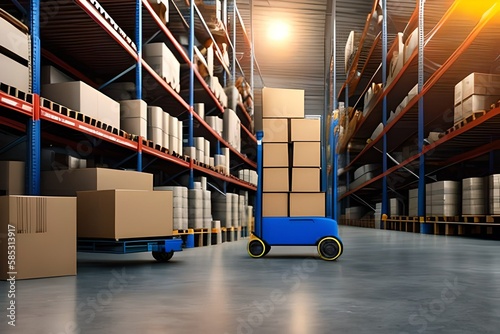 3D rendering, logistic concept, cardboard boxes stacked in the storage warehouse with a cart