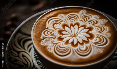  a cappuccino with a flower design on it. generative ai