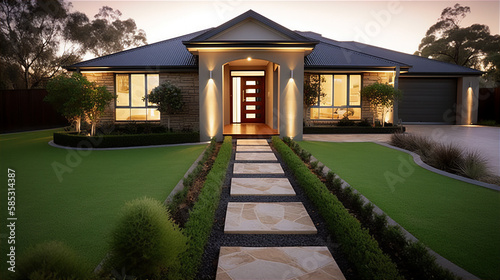 A contemporary Australian home or residential buildings front yard features beautiful green lawn and path that leads to the front door. Generative AI © Jandrie Lombard