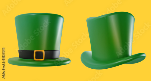 Set 3d realistic green top hat different views in cartoon minimal style. Bright modern vector graphic element. Retro clothing accessories. Celebration equipment or vintage decoration.