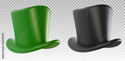 Set 3d realistic black and green top hat in cartoon minimal style on transparent background. Bright modern vector graphic element. Retro clothing accessories. Magic equipment or vintage decoration.