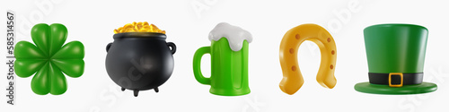 Set 3d realistic elements for st patrick's day in bright minimal cartoon style. Clover, pot of money, leprechaun hat, green beer, horseshoe. Vector illustration.