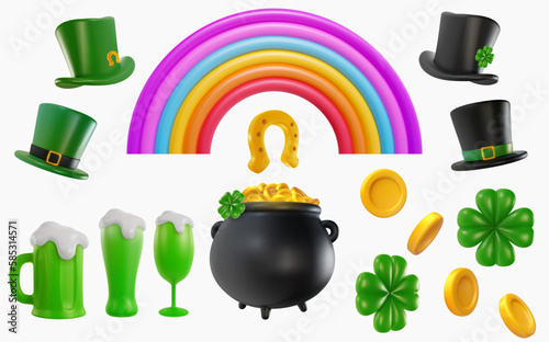 Good luck symbols set in 3d realistic style. St. Patrick's Day art elements. Clover, pot of money, leprechaun hat, green beer, horseshoe, gold coins, rainbow. Vector illustration.