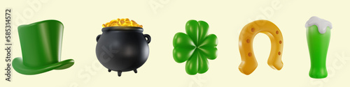 Set 3d realistic elements for st patrick's day in bright minimal cartoon style. Clover, pot of money, leprechaun hat, green beer, horseshoe. Vector illustration.
