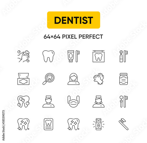 Dentistry, orthodontics icons. Thin line vector icons of dental clinic services, stomatology, dentistry, orthodontics, oral health care and hygiene, dental instruments. 
