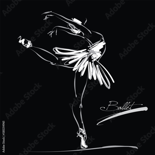 art sketch of beautiful young ballerina in dancer pose; white tutu, ballet shoes, ballet dancer; white drawing isolated vector on black