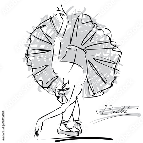 art sketch of beautiful young ballerina bow to the audience after the performance; tutu, ballet shoes, ballet dancer; drawing isolated vector on white