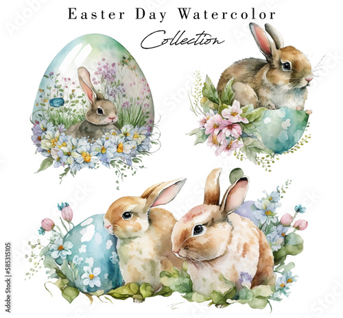 Happy easter watercolor illustration vector of cute bunnies, flowers, eggs, plants and greetings watercolor template, invitation and greeting card template background
