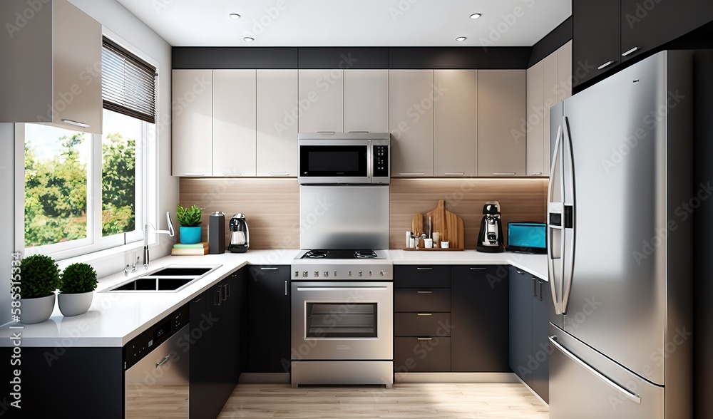 a kitchen with a stove, refrigerator, sink, microwave and window. generative ai a kitchen with a stove, refrigerator, sink, microwave and window. generative ai